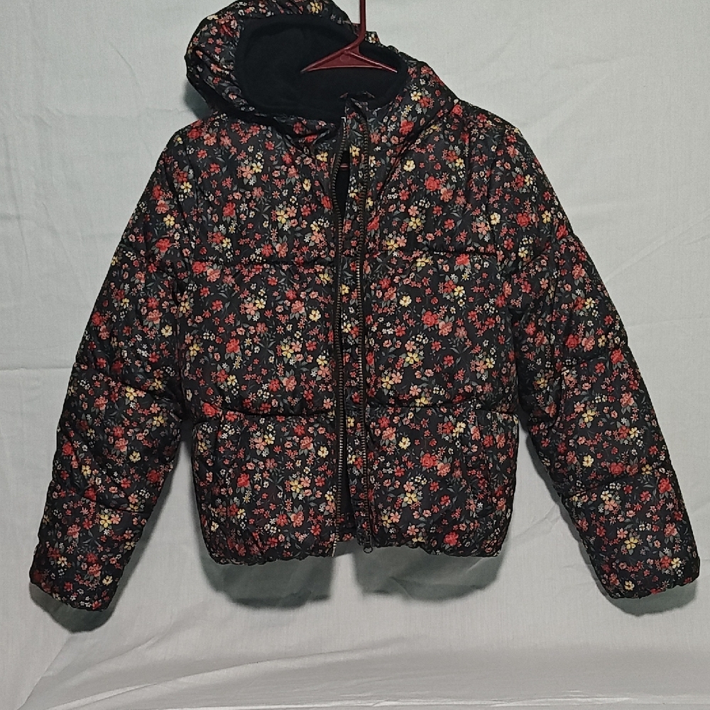 Old Navy Kids Floral Puffer Jacket - Black and Red